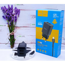 Зарядний пристрій Hoco N25, 2.1A, 10W та 2 порти USB з кабелем Micro USB