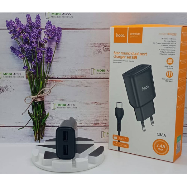 Зарядний пристрій Hoco C88A, 2.4A, 12W та 2 порти USB з кабелем Type-C