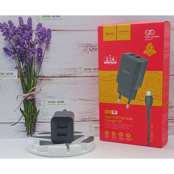 Зарядний пристрій Hoco N25, 2.1A, 10W та 2 порти USB з кабелем Type-C