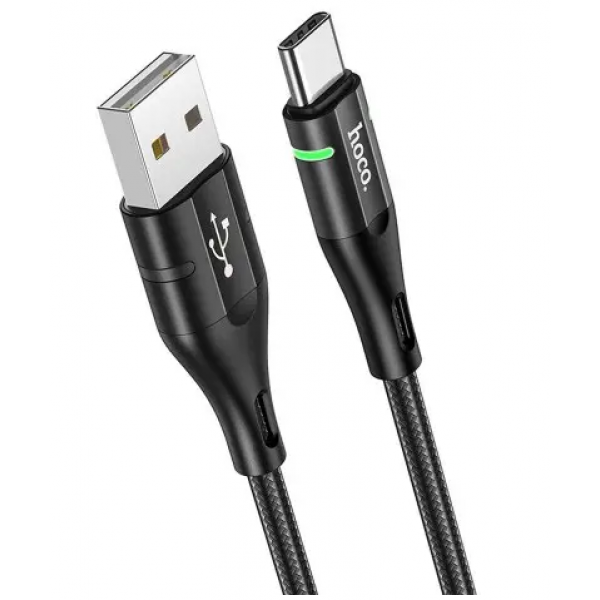 Кабель для зарядки Hoco U39 дата кабель, швидка зарядка, USB та Type-C, 3A, Чорний з тканинним покриттям та підсвіткою конекторів