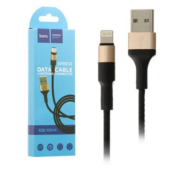 Кабель для зарядки Hoco X26 дата кабель, швидка зарядка, USB та Lightning, 2.4A, Чорний.